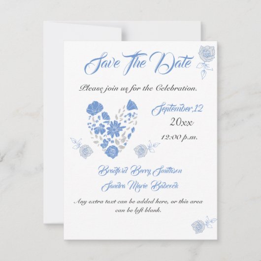 Dusty Blue Elegant White Gray Floral Heart Wedding Save The Date (Voorkant)