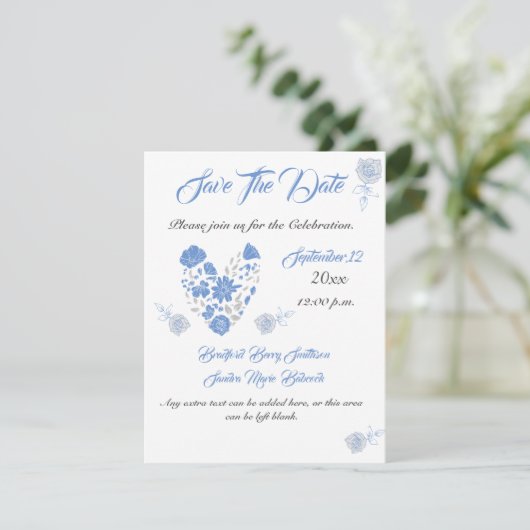 Dusty Blue Elegant White Gray Floral Heart Wedding Save The Date (Staand voorkant)