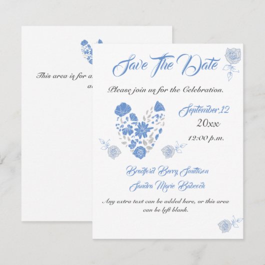 Dusty Blue Elegant White Gray Floral Heart Wedding Save The Date (Voorkant / Achterkant)