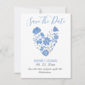 Dusty Blue Elegant White Gray Floral Heart Wedding Save The Date (Voorkant)