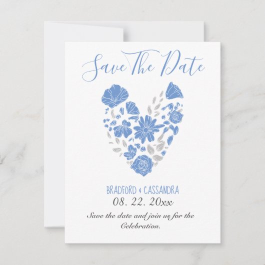Dusty Blue Elegant White Gray Floral Heart Wedding Save The Date (Voorkant)