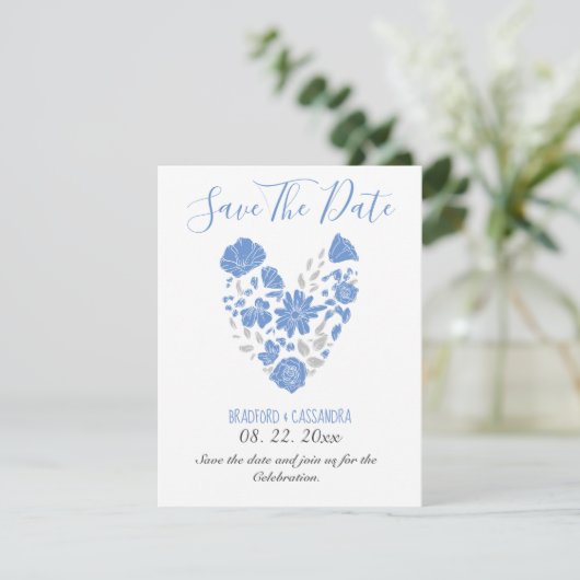 Dusty Blue Elegant White Gray Floral Heart Wedding Save The Date (Staand voorkant)