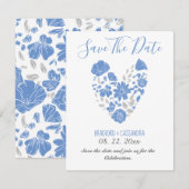 Dusty Blue Elegant White Gray Floral Heart Wedding Save The Date (Voorkant / Achterkant)
