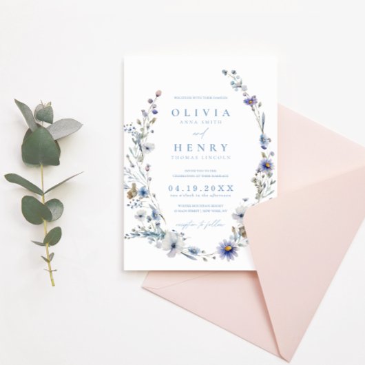 Dusty Blue Elegant Wildflower Krans Bruiloft Kaart