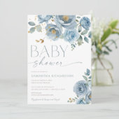 Dusty blue elegante floral rozen boy baby shower kaart (Staand voorkant)