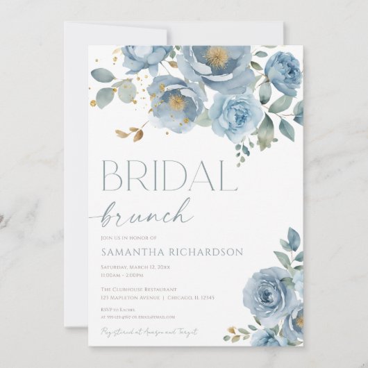 Dusty blue elegante floral rozen bruids brunch kaart (Voorkant)