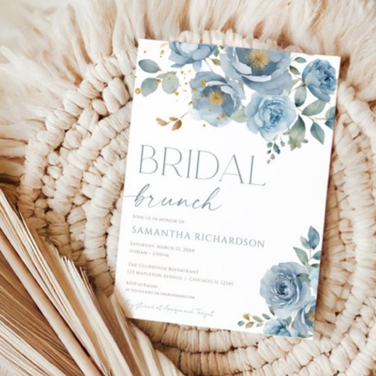Dusty blue elegante floral rozen bruids brunch kaart