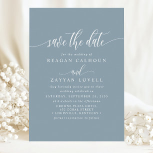 Dusty Blue Elegante kalligrafie Bewaar de datum Save The Date