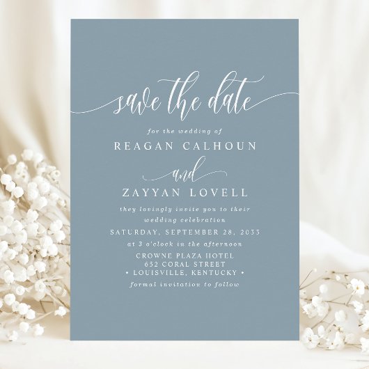 Dusty Blue Elegante kalligrafie Bewaar de datum Save The Date