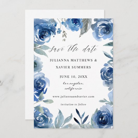 Dusty Blue en Blue Floral Save The Date (Voorkant / Achterkant)