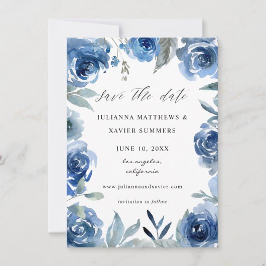 Dusty Blue en Blue Floral Save The Date (Voorkant)
