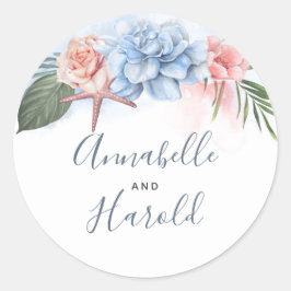Dusty Blue en Blush Beach Bruiloft Ronde Sticker
