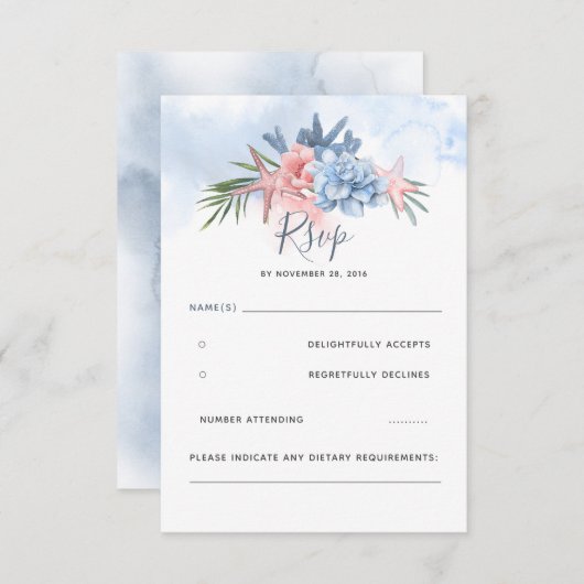 Dusty Blue en Blush Beach Bruiloft RSVP (Voorkant / Achterkant)