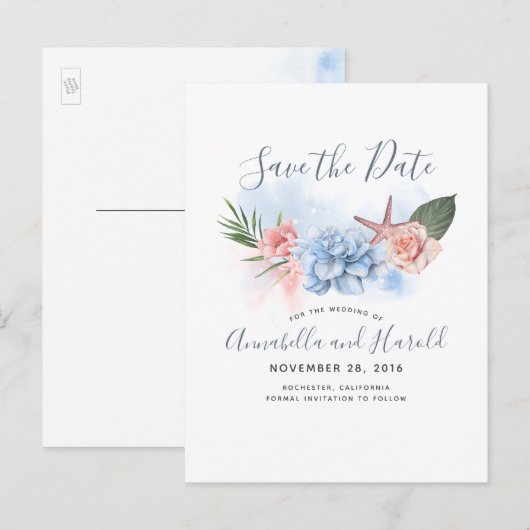 Dusty Blue en Blush Beach Save the Date Aankondigingskaart (Voorkant / Achterkant)