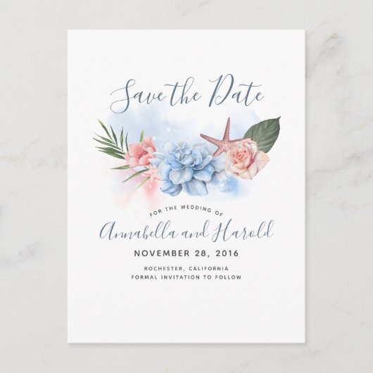 Dusty Blue en Blush Beach Save the Date Aankondigingskaart (Voorkant)