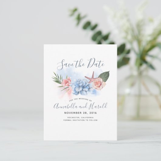 Dusty Blue en Blush Beach Save the Date Aankondigingskaart (Staand voorkant)