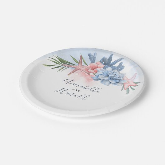 Dusty Blue en Blush Bestemming Strand Bruiloft Papieren Bordje (Gekanteld)