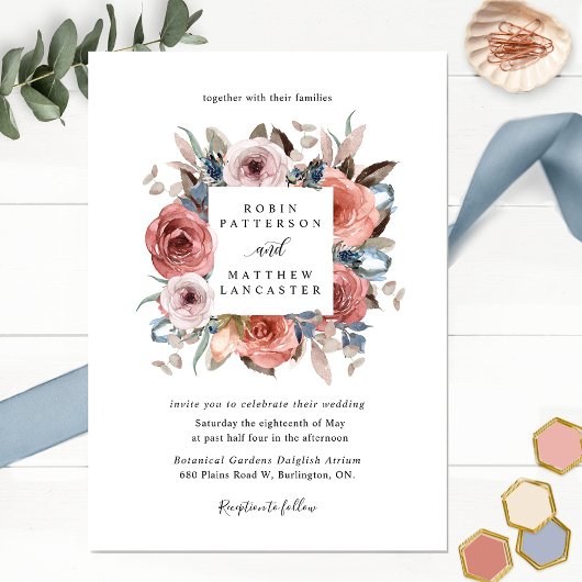 Dusty Blue en Blush Blissful Floral Wedding Kaart