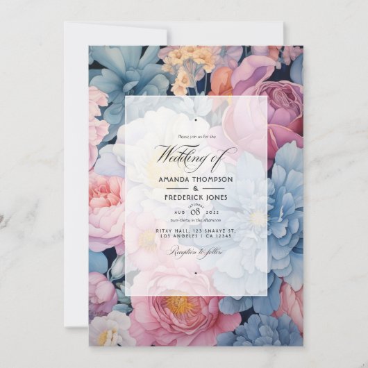 Dusty Blue en Blush Bloemen Bruiloft Kaart (Voorkant)
