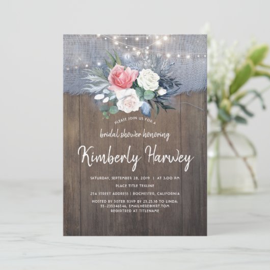 Dusty Blue en Blush Bloemen Rustiek Vrijgezellenfe Kaart (Staand voorkant)