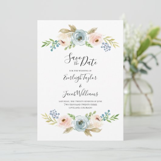 Dusty Blue en Blush Photo Weddenschap Save the Dat Save The Date (Staand voorkant)
