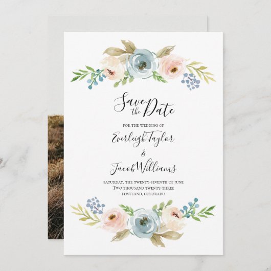 Dusty Blue en Blush Photo Weddenschap Save the Dat Save The Date (Voorkant / Achterkant)