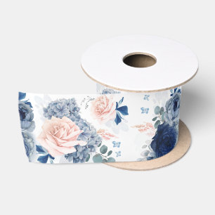 Dusty Blue en Blush Pink Floral Elegant Romantisch Satijnen Lint