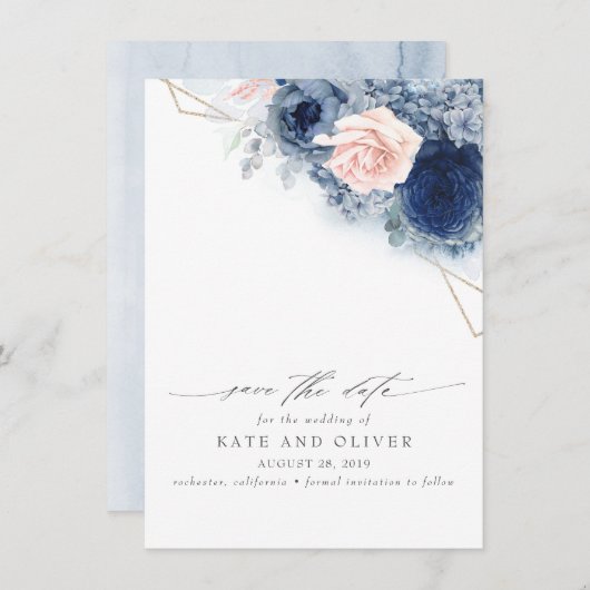 Dusty Blue en Blush Pink Floral Save the Date Aankondiging (Voorkant / Achterkant)