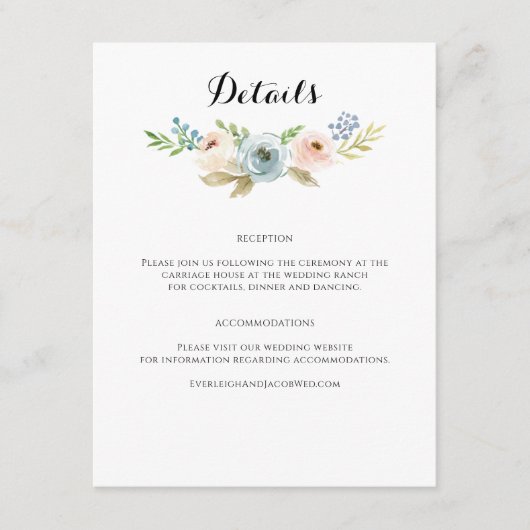 Dusty Blue en Blush Pink Floral Wedding Informatiekaartje (Voorkant)