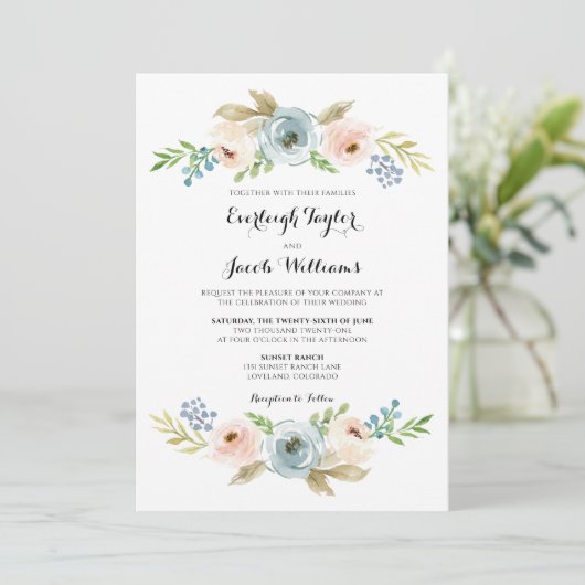 Dusty Blue en Blush Pink Floral Wedding Kaart (Staand voorkant)