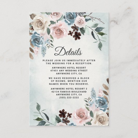 Dusty Blue en Blush Pink Mauve Floral Wedding Informatiekaartje (Voorkant)