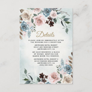 Dusty Blue en Blush Pink Mauve Floral Wedding Informatiekaartje