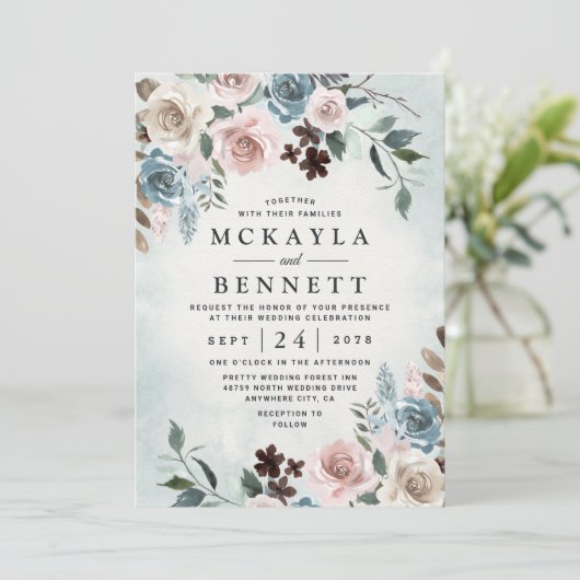 Dusty Blue en Blush Pink Mauve Floral Wedding Kaart (Staand voorkant)