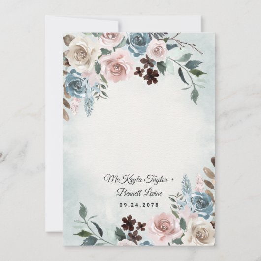 Dusty Blue en Blush Pink Mauve Floral Wedding Kaart (Achterkant)