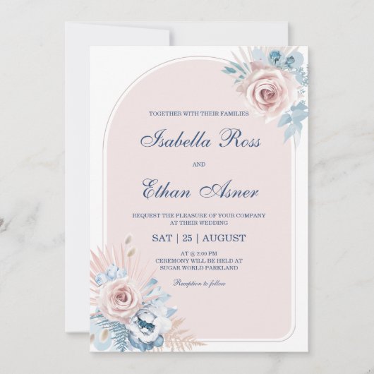 Dusty Blue en Blush Pink Wedding Kaart (Voorkant)