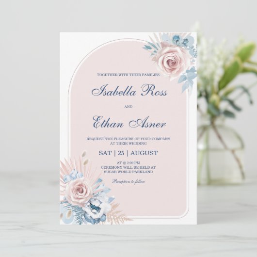 Dusty Blue en Blush Pink Wedding Kaart (Staand voorkant)