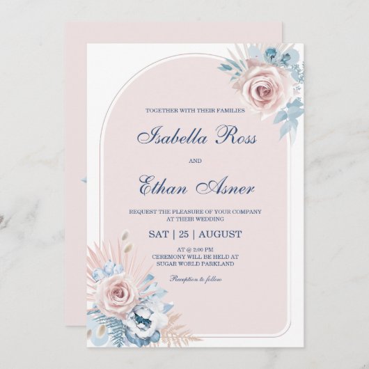 Dusty Blue en Blush Pink Wedding Kaart (Voorkant / Achterkant)
