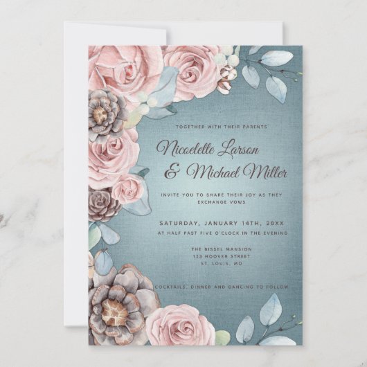 Dusty Blue en Blush Pink Woodland Wedding Kaart (Voorkant)