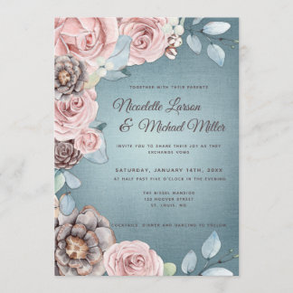 Dusty Blue en Blush Pink Woodland Wedding Kaart