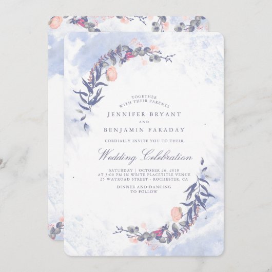 Dusty Blue en Blush Waterverven - Bloemenbruiloft Kaart (Voorkant / Achterkant)