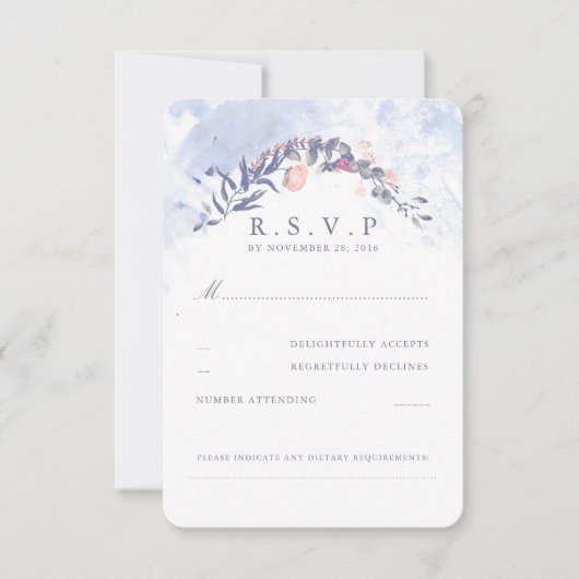 Dusty Blue en Blush Wedding RSVP Kaartje (Voorkant)