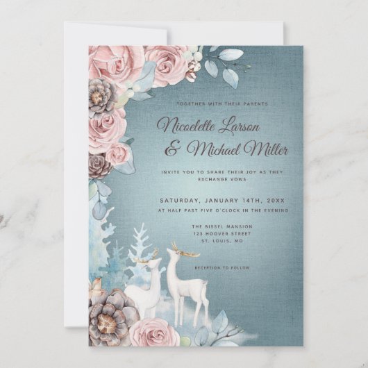 Dusty Blue en Blush Woodland Winter Wedding Kaart (Voorkant)