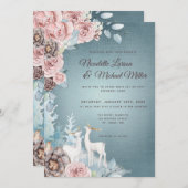 Dusty Blue en Blush Woodland Winter Wedding Kaart (Voorkant / Achterkant)