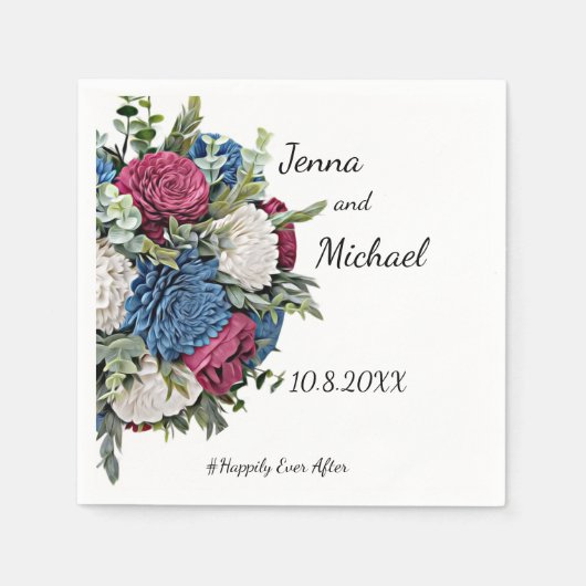 Dusty Blue en Bourgogne bloemetjesservet Servet (Voorkant)