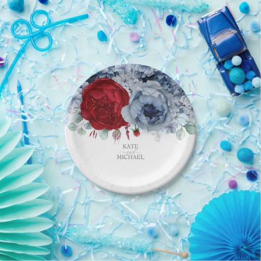 Dusty Blue en Bourgogne Red Floral Elegant Papieren Bordje (Feest)