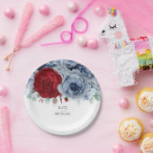 Dusty Blue en Bourgogne Red Floral Elegant Papieren Bordje (Feest)