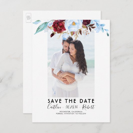 Dusty Blue en Bourgogne Red Foto Opslaan van de Da Aankondigingskaart (Voorkant / Achterkant)