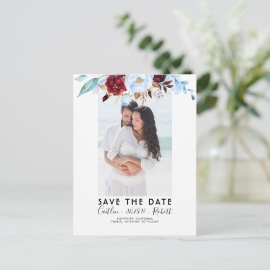 Dusty Blue en Bourgogne Red Foto Opslaan van de Da Aankondigingskaart (Staand voorkant)