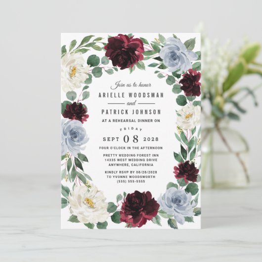 Dusty Blue en Bourgondië Boho Herfst repetitie Din Kaart (Staand voorkant)