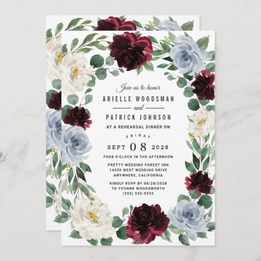 Dusty Blue en Bourgondië Boho Herfst repetitie Din Kaart (Voorkant / Achterkant)